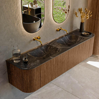 MONDIAZ KURVE-DLUX 180cm Meuble salle de bain avec module 25 G et D - couleur Walnut - 2 tiroirs - 2 portes - vasque LEAF double - sans trou de robinet - couleur Lava