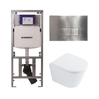 QeramiQ Dely Toiletset - 36.3x51.7cm - diepspoel - rimless - Geberit UP320 Burda inbouwreservoir - softclose toilet zitting 35 mm - steel bedieningsplaat - rechthoekige knoppen - wit glans