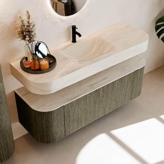 MONDIAZ THOR-DLUX 140cm meuble de salle de bains arrondi gauche + droite couleur Shadow avec 1 tiroir et 2 portes. Vasque suspendue CLOUD Milieu 1 trou de robinet couleur Meli.