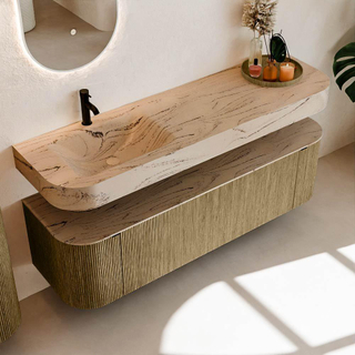 MONDIAZ THOR-DLUX 160cm meuble de salle de bains arrondi gauche + droite couleur Dusk avec 1 tiroir et 2 portes. Vasque suspendue CLOUD Gauche 1 trou de robinet couleur Arena.