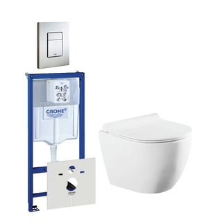 QeramiQ Salina Pack WC Réservoir à encastrer, Cuvette murale compacte, Abattant et Plaque de commande verticale/horizontale Inox