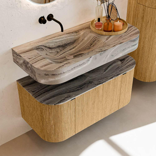 MONDIAZ THOR-DLUX 100cm badmeubel ronding links + rechts kleur Oak met 1 lade en 2 deuren. Vrijhangende wastafel CLOUD Links zonder kraangat kleur Sombra.