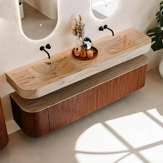 MONDIAZ THOR-DLUX Meuble de salle de bains 190cm arrondi gauche + droite couleur Ruby avec 2 tiroirs et 2 portes. Vasque suspendue CLOUD Double sans trou de robinet couleur Arena.