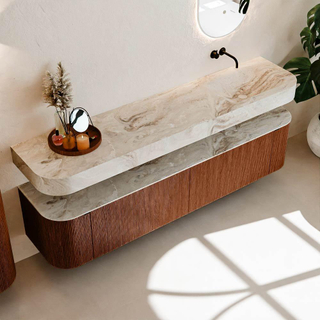 MONDIAZ THOR-DLUX 200cm meuble de salle de bains arrondi gauche + droite couleur Ruby avec 2 tiroirs et 2 portes. Vasque suspendue CLOUD Droite sans trou de robinet couleur Frappe.