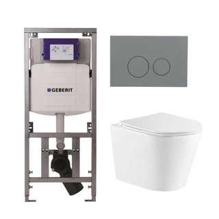 QeramiQ Dely Pack WC suspendu - 36.3x51.7cm - sans bride - bâti-support Geberit UP320 - abattant softclose - plaque de commande gris clair - boutons ronds - blanc brillant