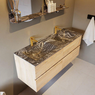 Mondiaz VICA-DLUX ensemble de meuble de salle de bain - 130cm - meuble sous-vasque chêne blanchi - 4 tiroirs - lavabo encastré cloud double - 2 trous de robinet - miroir modèle spot - version XL 60cm de haut - lave