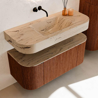 MONDIAZ THOR-DLUX 110cm meuble de salle de bains arrondi gauche + droite couleur Ruby avec 1 tiroir et 2 portes. Vasque suspendue CLOUD Milieu sans trou de robinet couleur Arena.