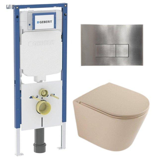 QeramiQ Dely Toiletset - 36.3x51.7cm - diepspoel - rimless - Geberit UP720 inbouwreservoir - softclose toilet zitting - steel bedieningsplaat - rechthoekige knoppen - mat beige