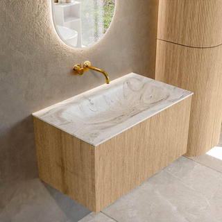 MONDIAZ KURVE-DLUX 80cm Meuble salle de bain - couleur Oak - 1 tiroir - vasque BIG SMALL centre - sans trou de robinet - couleur Glace