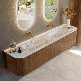 MONDIAZ KURVE-DLUX 200cm Meuble salle de bain avec module 25 G et D - couleur Walnut - 2 tiroirs - 2 portes - vasque STOR SMALL double - sans trou de robinet - couleur Glace