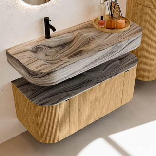 MONDIAZ THOR-DLUX 110cm badmeubel ronding links + rechts kleur Oak met 1 lade en 2 deuren. Vrijhangende wastafel CLOUD Links 1 kraangat kleur Sombra.