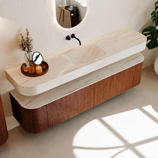 MONDIAZ THOR-DLUX 190cm meuble de salle de bains arrondi gauche + droite couleur Ruby avec 2 tiroirs et 2 portes. Vasque suspendue CLOUD Centre sans trou de robinet couleur Meli.