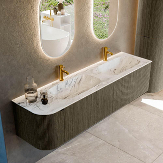 Mondiaz KURVE-DLUX Ensemble de meuble salle de bain - 175x46x40cm - 2 tiroirs - 1 porte - lavabo en solid surface - double / droite - 2 trous de robinet - Shadow