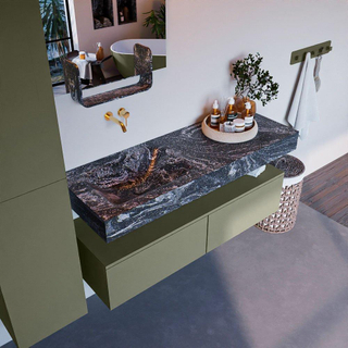 Mondiaz ALAN-DLUX Ensemble de meuble - 130cm - meuble Army mat - 2 tiroirs - Lavabo Cloud Lava suspendu - vasque Gauche - 0 trous de robinet