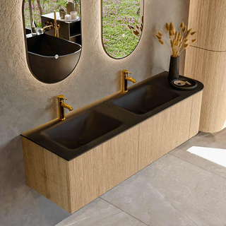 MONDIAZ KURVE 155cm Meuble salle de bain avec module 25 D - couleur Oak - 2 tiroirs - 1 porte - vasque CLOUD double / gauche - 2 trous de robinet - Urban