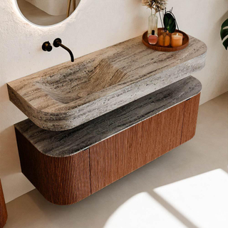 MONDIAZ THOR-DLUX Meuble de salle de bains - 130cm - arrondi gauche + droite - couleur Ruby - 1 tiroir - 2 portes - Vasque suspendue CLOUD Gauche sans trou de robinet - couleur Oza