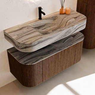 MONDIAZ THOR-DLUX 110cm badmeubel ronding links + rechts kleur Walnut met 1 lade en 2 deuren. Vrijhangende wastafel CLOUD Midden 1 kraangat kleur Sombra.