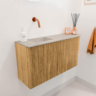 Mondiaz JOYA-DLUX 81.6cm toiletmeubel - ronding rechts kleur Oak - Wastafel FAYE positie Links Zonder kraangat kleur Opalo.
