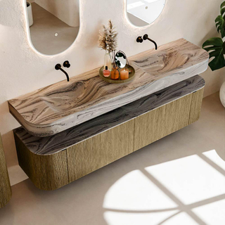 MONDIAZ THOR-DLUX 190cm meuble de salle de bains arrondi gauche + droite couleur Dusk avec 2 tiroirs et 2 portes. Vasque suspendue CLOUD Double sans trou de robinet couleur Sombra.