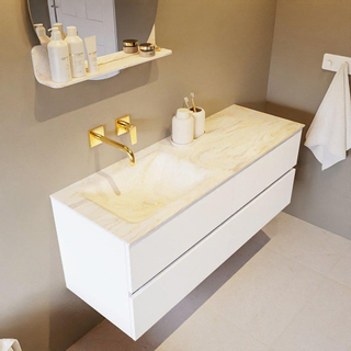 Mondiaz VICA-DLUX ensemble de meuble de salle de bain - 130cm - meuble sous-vasque talc - 4 tiroirs - lavabo encastré cloud gauche - sans trous de robinet - version haute de 60cm - ostra