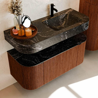 MONDIAZ THOR-DLUX Meuble de salle de bains 110cm arrondi gauche + droite couleur Ruby avec 1 tiroir et 2 portes. Vasque suspendue CLOUD Droite 1 trou de robinet couleur Lava.