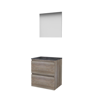 Basic-Line Basic 46 ensemble de meubles de salle de bain 60x46cm sans poignée 2 tiroirs pierre dure lavabo 1 trou pour robinet miroir mfc scotch oak