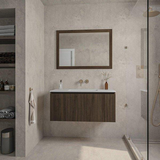 Saniclass Holz Base Ensemble meuble de salle de bains - 100cm - 1 vasque en céramique blanche - sans trou de robinet - 1 tiroir - miroir - chêne foncé