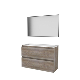 Basic-Line ensemble de meubles de salle de bains 100x39cm sans poignée 2 tiroirs vasque acrylique 2 trous de robinetterie miroir cadre aluminium noir mat tout autour mfc scotch oak