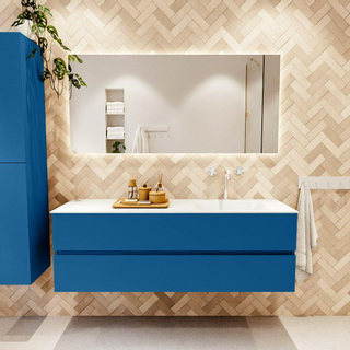 Mondiaz VICA ensemble de meuble de salle de bain - 150cm - meuble sous-vasque jeans - 2 tiroirs - lavabo cloud droite - 1 trou de robinet - couleur talc - miroir LED - version XL 60cm de haut