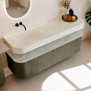 MONDIAZ THOR-DLUX 160cm meuble de salle de bains arrondi gauche + droite couleur Shadow avec 1 tiroir et 2 portes. Vasque suspendue CLOUD Gauche sans trou de robinet couleur Opalo.