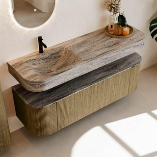 MONDIAZ THOR-DLUX 150cm meuble de salle de bains arrondi gauche + droite couleur Dusk avec 1 tiroir et 2 portes. Vasque suspendue CLOUD gauche 1 trou de robinet couleur Oza.