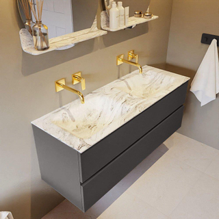 Mondiaz VICA-DLUX ensemble de meuble de salle de bain - 130cm - meuble sous-vasque gris foncé - 2 tiroirs - lavabo encastré cloud double - sans trous de robinet - version haute de 60cm - glace