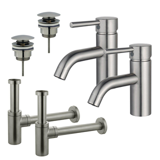 FortiFura Calvi Kit robinet lavabo - pour double vasque - robinet bas - bonde clic clac - siphon design - Inox brossé PVD