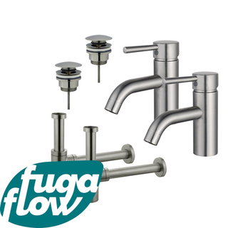 FugaFlow Eccelente Sobrado Kit robinet lavabo - pour double vasque - robinet bas - bonde clic clac - siphon design - Inox brossé PVD