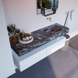 Mondiaz ALAN-DLUX Ensemble de meuble - 150cm - meuble - Talc mat - 2 tiroirs - Lavabo Cloud Lava suspendu - vasque droite - 0 trous de robinet - Noir