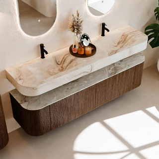 MONDIAZ THOR-DLUX 180cm meuble de salle de bains arrondi gauche + droite couleur Walnut avec 2 tiroirs et 2 portes. Vasque suspendue CLOUD Double 2 trous de robinet couleur Frappe.