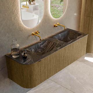 Mondiaz KURVE-DLUX Ensemble de meuble salle de bain - 145x46x40cm - 1 tiroir - 1 porte - lavabo en solid surface - double / droite - sans trou de robinet - Dusk
