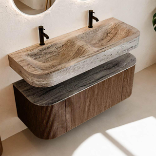 MONDIAZ THOR-DLUX 120cm meuble de salle de bains arrondi gauche + droite couleur Walnut avec 1 tiroir et 2 portes. Vasque suspendue CLOUD Double 2 trous de robinet couleur Oza.