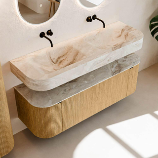 MONDIAZ THOR-DLUX Meuble de salle de bains - 140cm - arrondi gauche + droite - couleur Oak - 1 tiroir et 2 portes - Vasque suspendue CLOUD Double sans trou de robinet - couleur Frappe