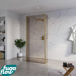 FugaFlow Eccelente Vetro Vrijstaande inloopdouche badkamer - 90x200cm - Rookglas - antikalk - 8mm veiligheidsglas - 2 zijwanden 40cm - met wandarmen en hoekprofielen - Messing geborsteld (goud) -