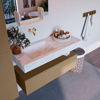Mondiaz ALAN-DLUX Ensemble de meuble - 110cm - meuble Oro mat - 1 tiroir - Lavabo Cloud Opalo suspendu - vasque Gauche - 0 trous de robinet