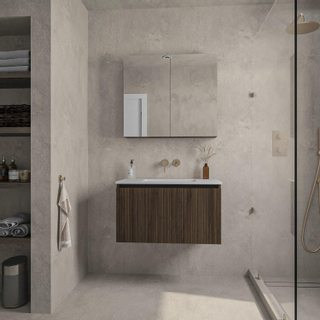 Saniclass Holz Base Ensemble meuble de salle de bains - 80cm - 1 vasque céramique blanche - sans trou de robinet - 1 tiroir - Armoire miroir - chêne foncé