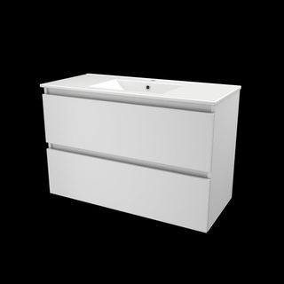 Basic-Line Start 46 ensemble de meubles de salle de bain 100x46cm sans poignée 2 tiroirs lavabo en porcelaine 1 trou pour le robinet mdf laqué blanc glacier