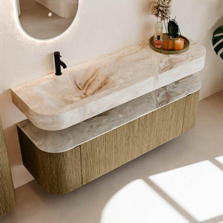 MONDIAZ THOR-DLUX 150cm meuble de salle de bains arrondi gauche + droite couleur Dusk avec 1 tiroir et 2 portes. Vasque suspendue CLOUD Gauche 1 trou de robinet couleur Frappe.