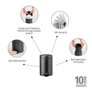 Brabantia NewIcon Poubelle à pédale - 3 litres - seau intérieur en plastique - confident grey (gunmetal)