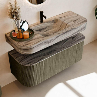 MONDIAZ THOR-DLUX 120cm meuble de salle de bains arrondi gauche + droite couleur Shadow avec 1 tiroir et 2 portes. Vasque suspendue CLOUD Milieu 1 trou de robinet couleur Sombra.