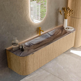 MONDIAZ KURVE-DLUX 170cm badmeubel ronding Links + Rechts kleur Oak met 1 lade en 2 deuren. Wastafel BIG LARGE Midden 1 kraangat Sombra.