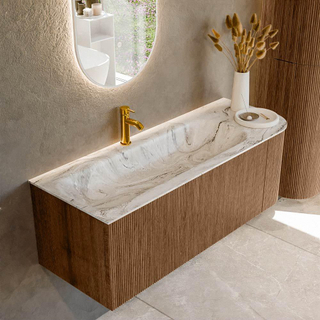 MONDIAZ KURVE-DLUX 125cm Meuble salle de bain avec module 25 D - couleur Walnut - 1 tiroir - 1 porte - vasque BIG MEDIUM gauche - 1 trou de robinet - couleur Glace