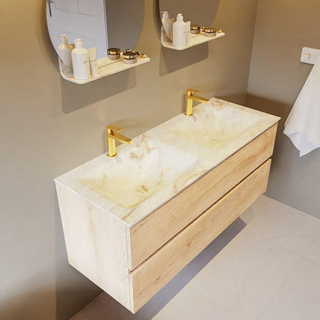 Mondiaz VICA-DLUX Ensemble de meuble de salle de bain - 120cm - meuble sous-vasque chêne blanchi - 2 tiroirs - lavabo encastré cloud double - 2 trous de robinet - version haute de 60cm - frape