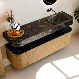 MONDIAZ THOR-DLUX 160cm meuble de salle de bains arrondi gauche + droite couleur Oak avec 1 tiroir et 2 portes. Vasque suspendue CLOUD Droite sans trou de robinet couleur Lava.